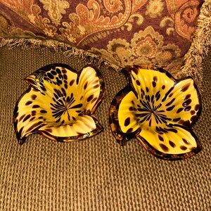 2 Art Glass Brown & Tan Tiger Lily Flower Hand Blown Bowl White Cristal Italy